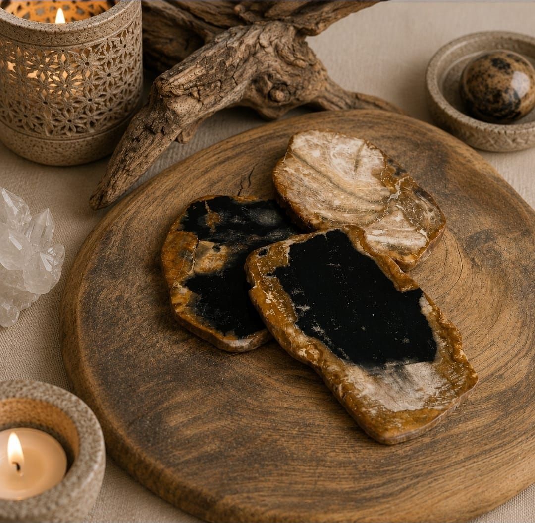 Rustiek houten bord met aangebrande gebakjes, kaarsen en kristallen in een warme beige setting.