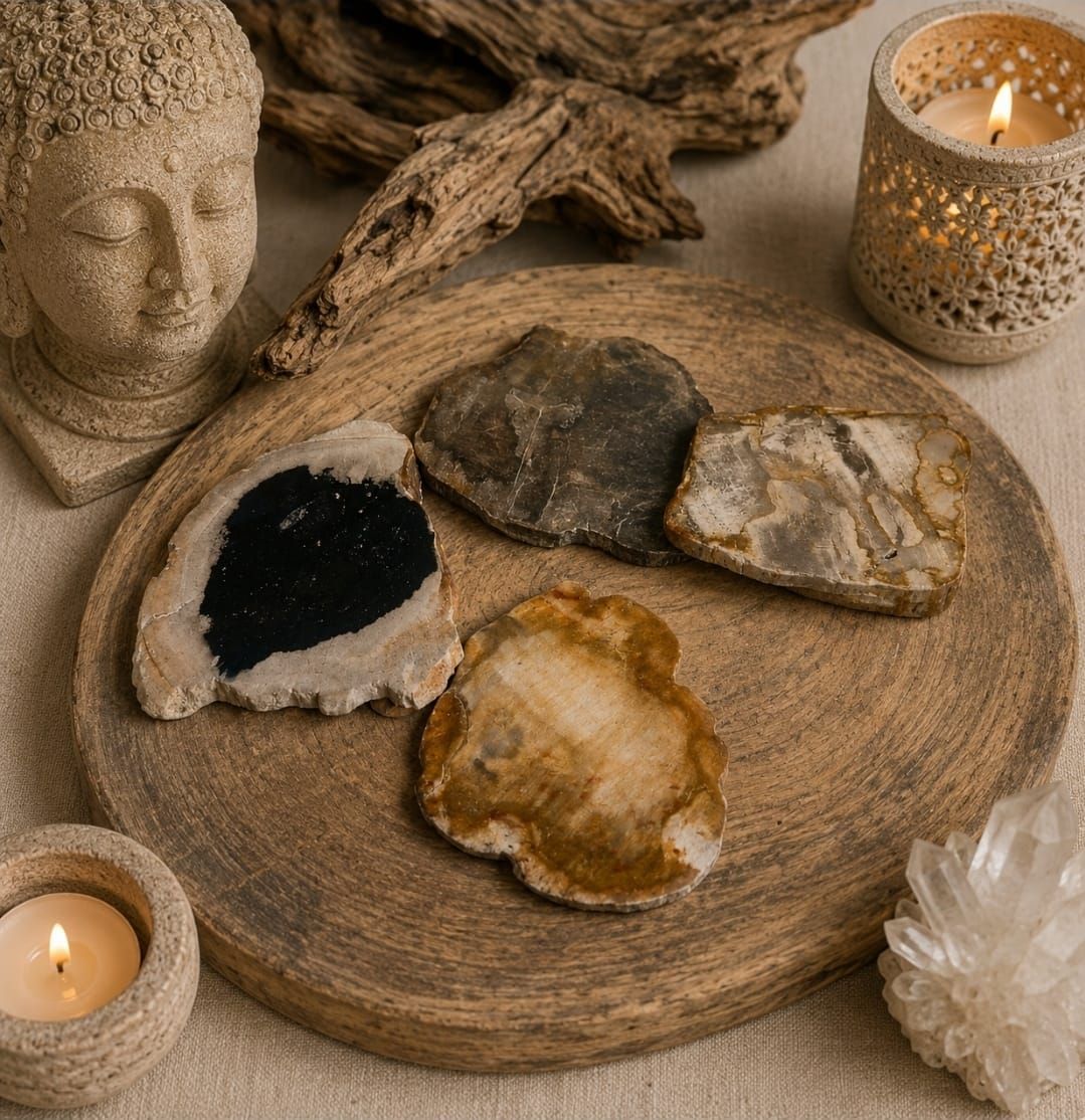 Kristallen en geodes liggen uitgestald op een rond houten dienblad naast kaarsen en een Boeddhabeeld.