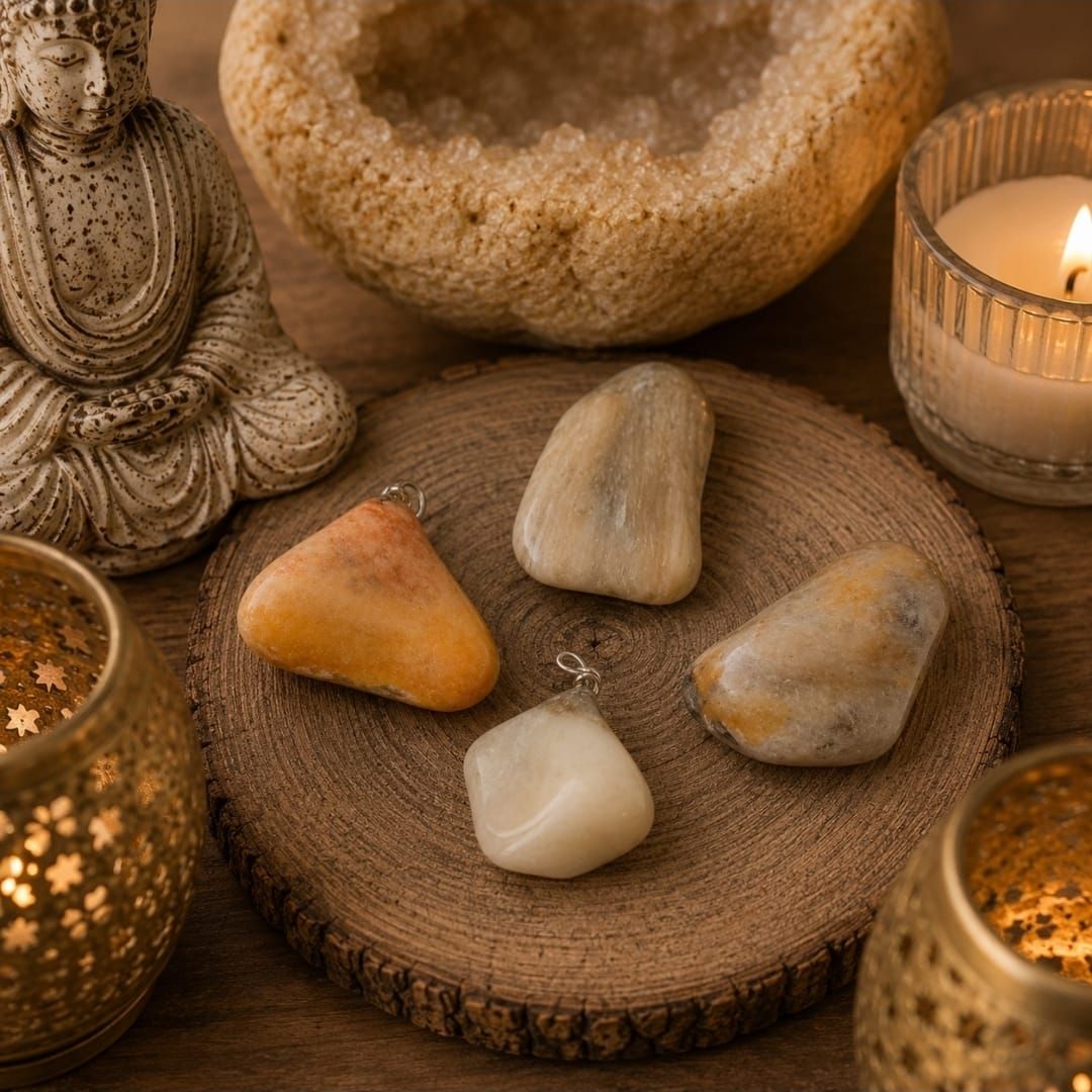 Vier gladde stenen op een rond houten dienblad, omringd door brandende kaarsen in een warme spa-omgeving.