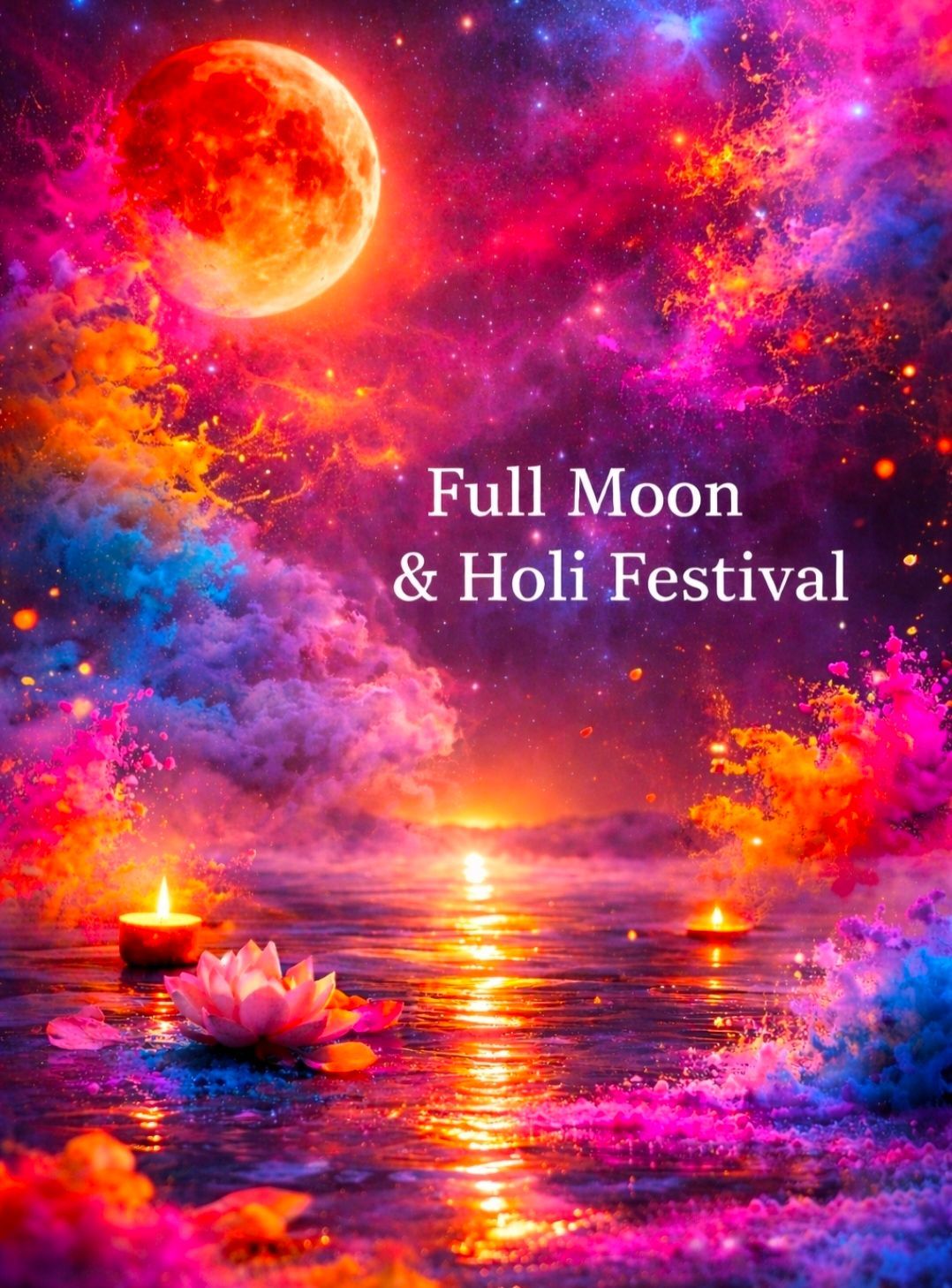 Levendige scène van volle maan en Holi-festival met een stralende maan, kleurrijke lucht en reflecties in het water.