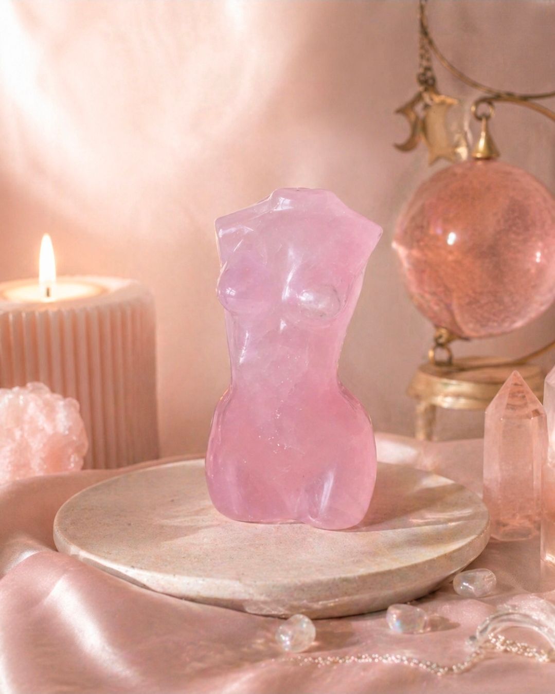 Roze kristallen beeld op een ronde sokkel met kaarsen en kristallen decoratie in een zacht, warm verlichte omgeving.