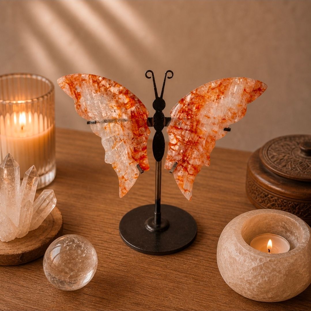 Een oranje kristallen vlindersculptuur op een zwarte sokkel, met kaarsen en houten decoratie op een warme tafel.