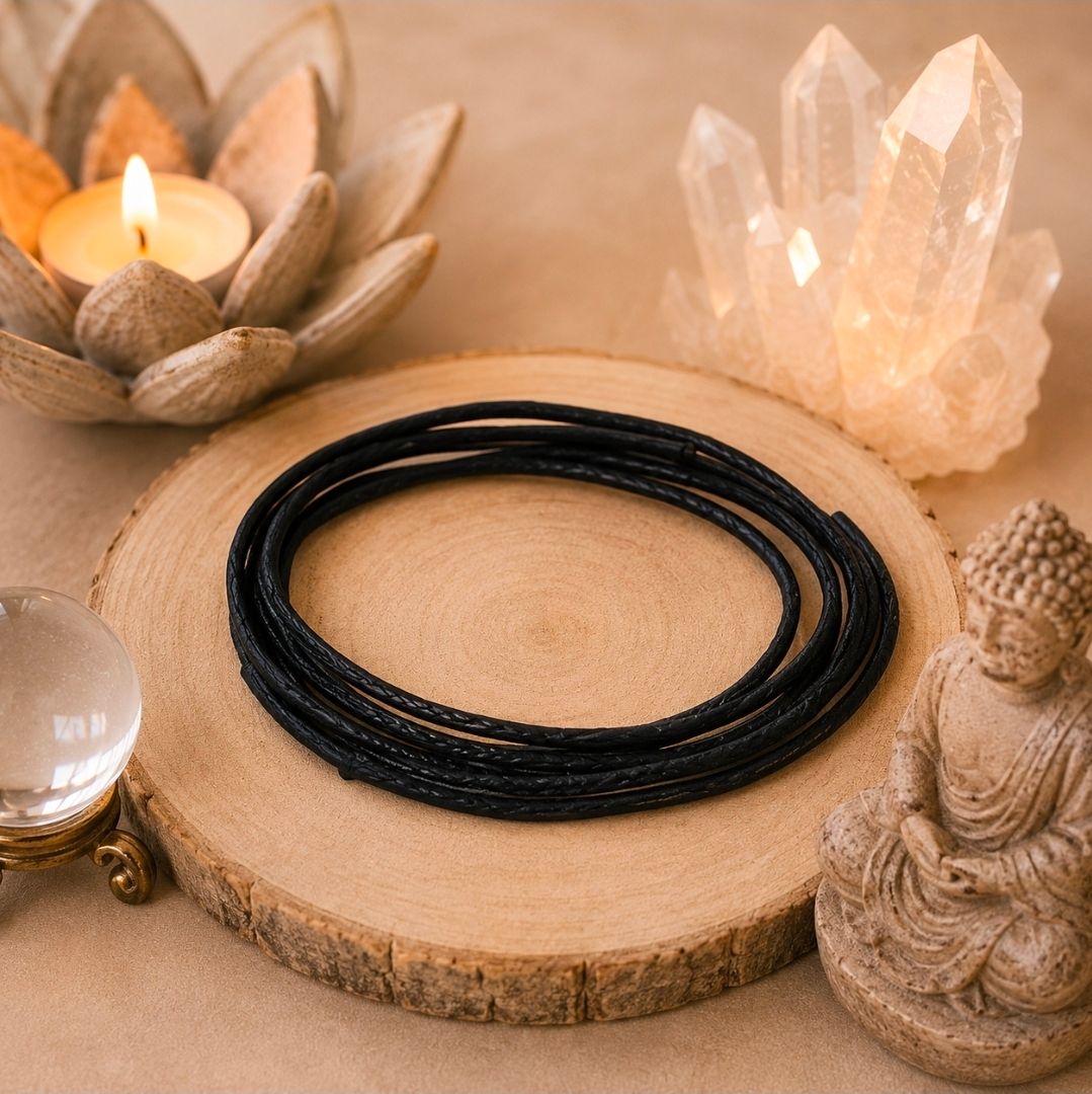 Zwarte kralenarmband op een houten schijf met kaars, kristallen en Boeddha-beeldje