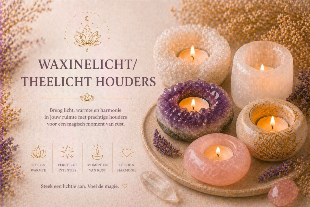 Waxinelicht/theelicht houders on a decorative tray, lit tea candles in pastel and purple holders