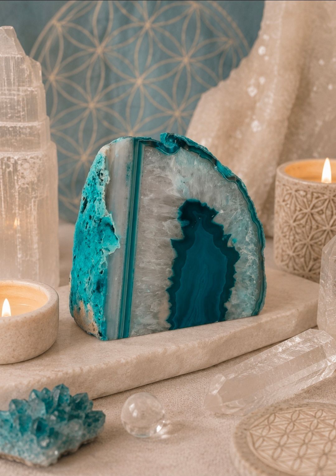 Een turquoise-witte geodekristal op een decoratieve tafel met kaarsen en kristallen decoratie.