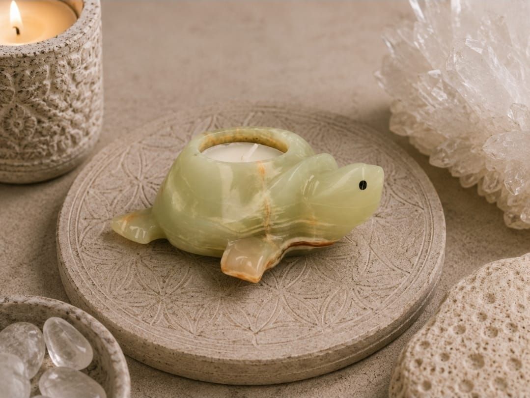 Klein, lichtgroen glazen beeldje in de vorm van een schildpad op een ronde stenen onderzetter naast een kaars en schelpen.