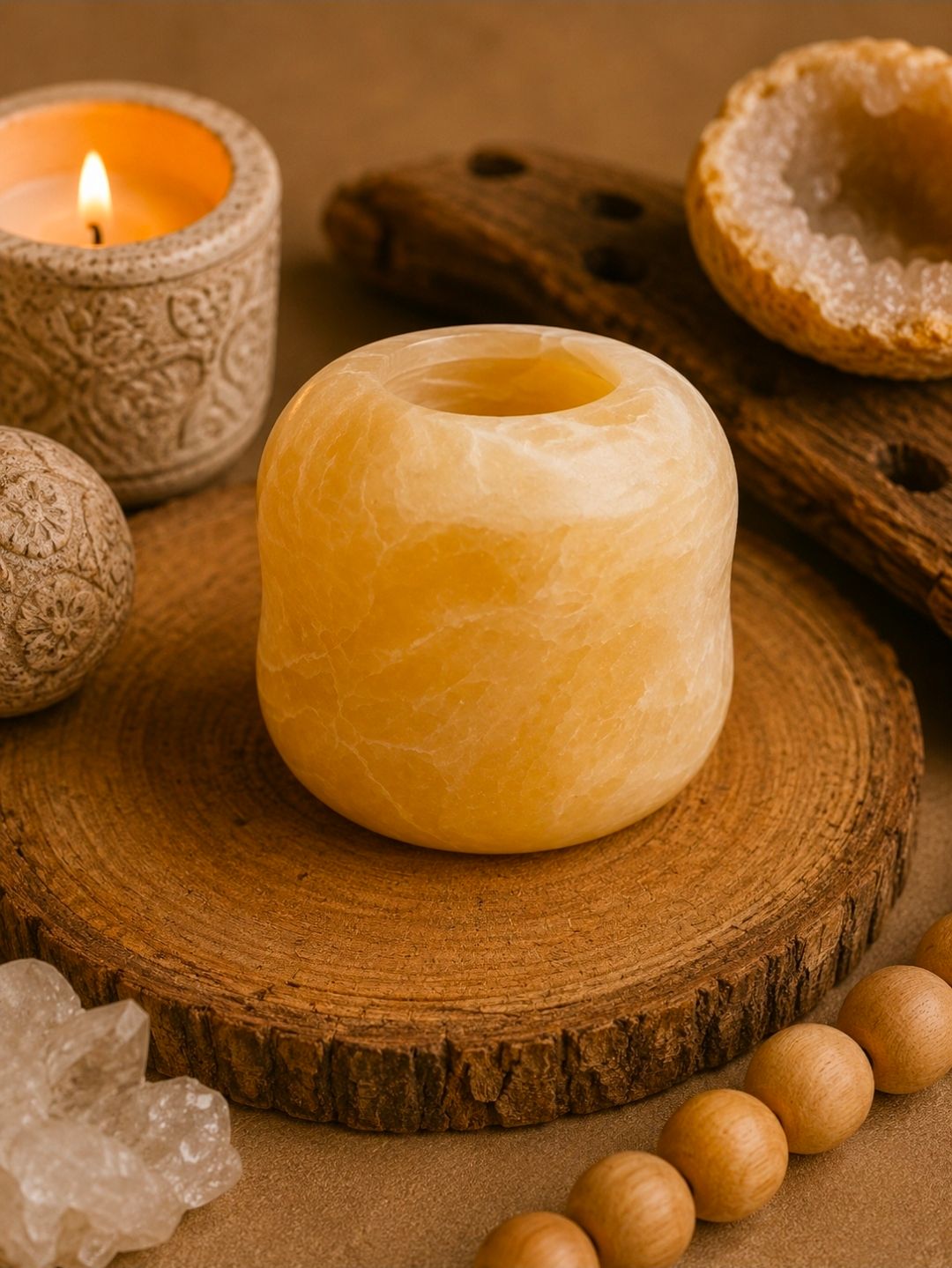 Een amberkleurige kaars op een houten schijf met kristallen en kralen in een warme, spa-achtige omgeving.