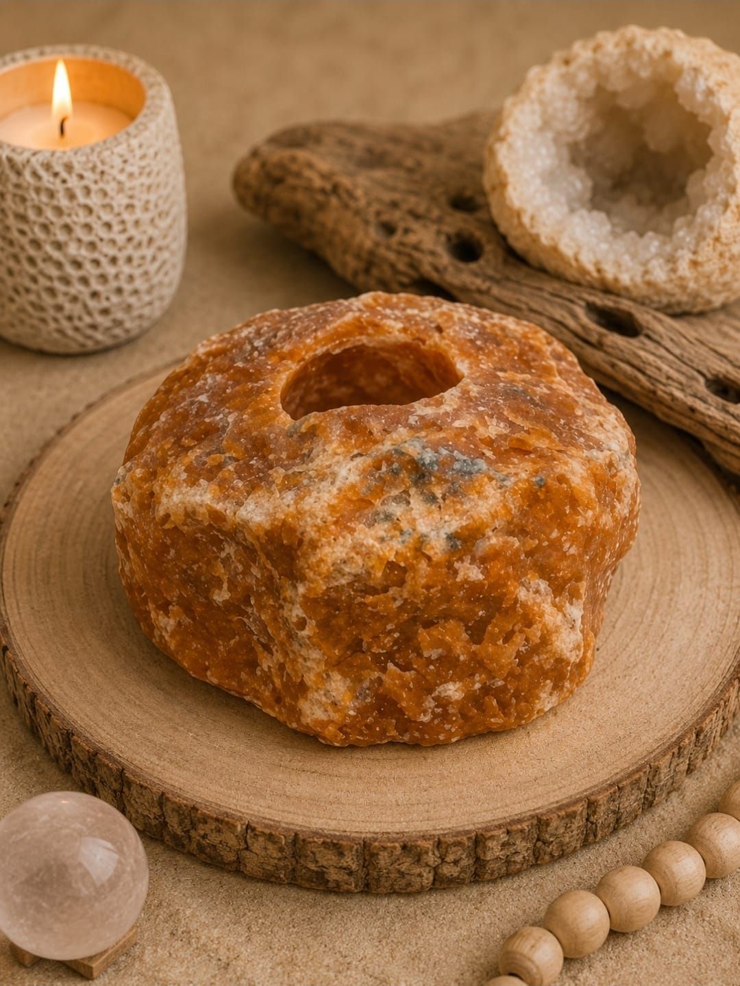 Een ronde, goudbruine donut op een houten plank naast een brandende kaars en kralen in een warme, rustieke omgeving.