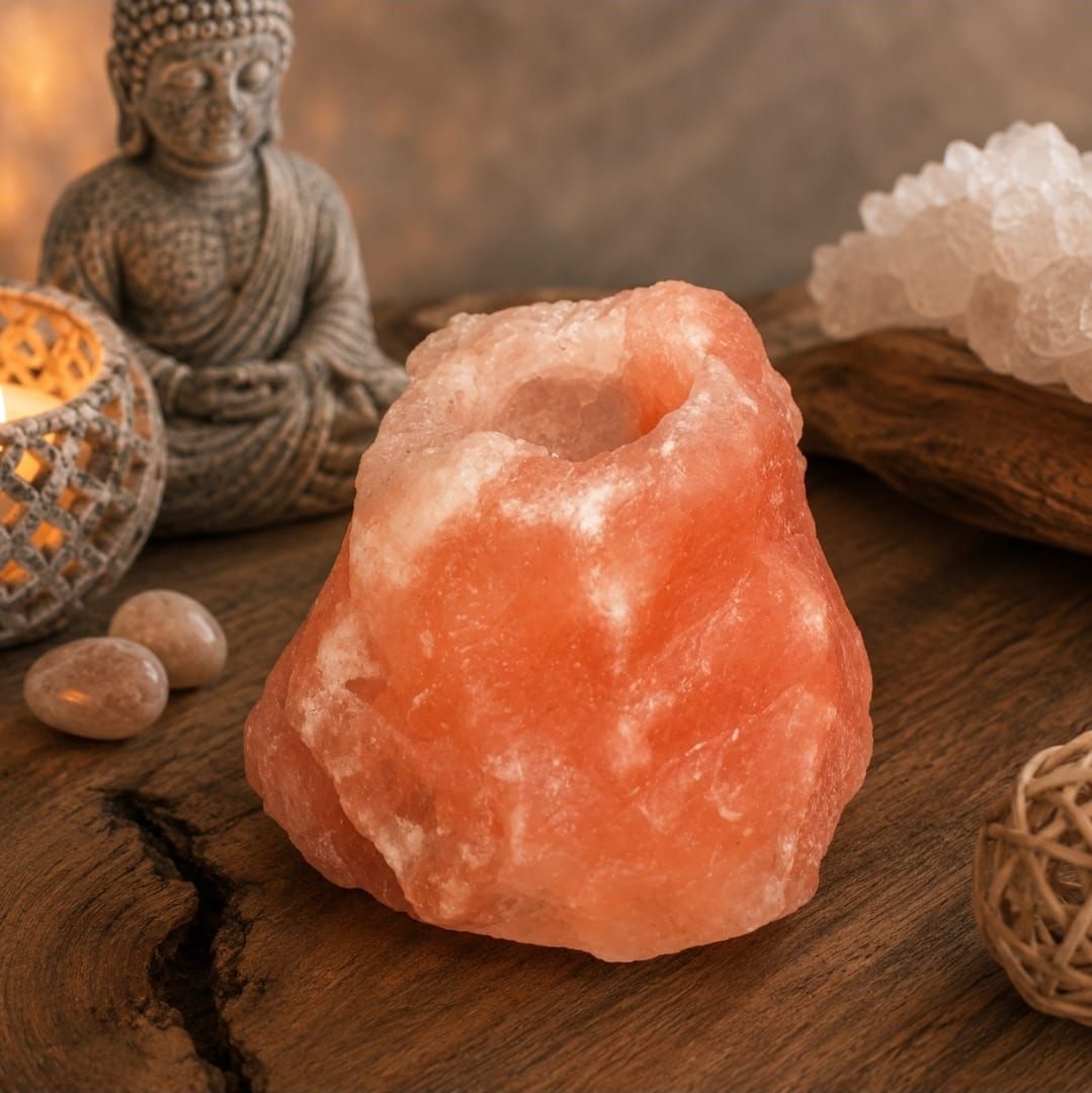Oranje Himalayazoutlamp op een houten tafel met een Boeddhabeeld en kristallen op de achtergrond.