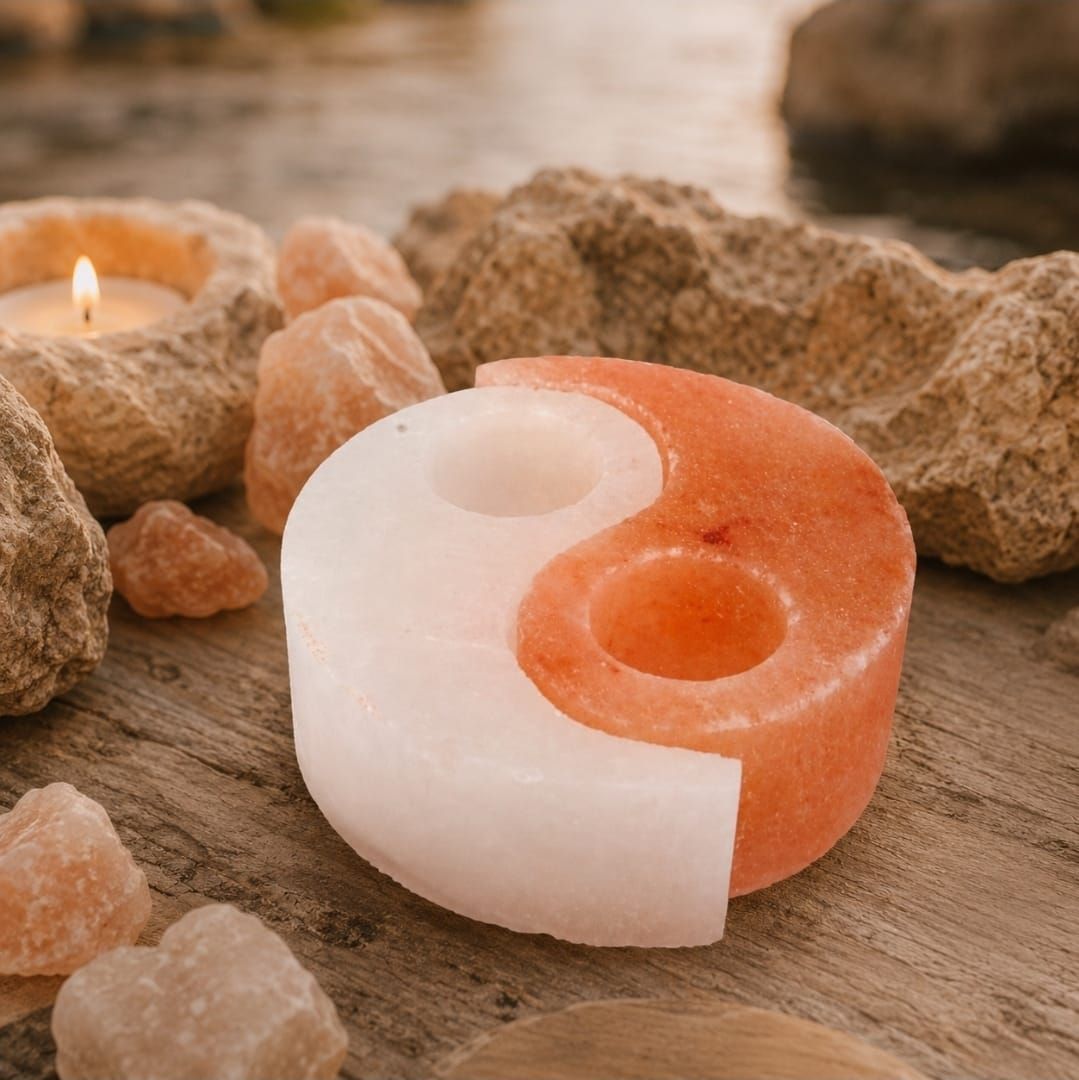 Roze en witte yin-yang zoutkaars op een rustieke houten ondergrond met Himalayazoutstenen.