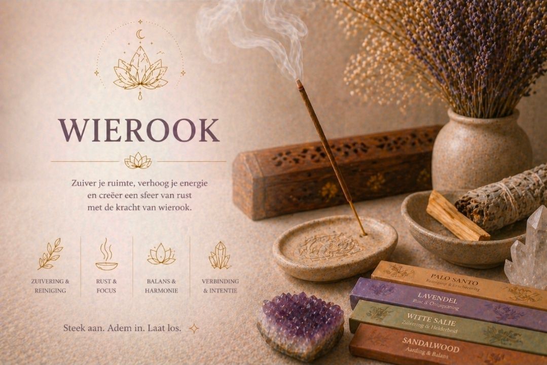 Wierook wierookpresentatie met houten stokjes, rook, schalen, gedroogde bloemen en gestapelde gekleurde doosjes.