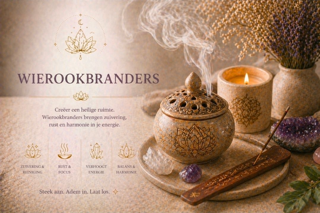 Een sfeervol spa-stilleven met amberkleurige kaarsen, wierook, kristallen en een sierlijke wierookbrander op een dienblad.