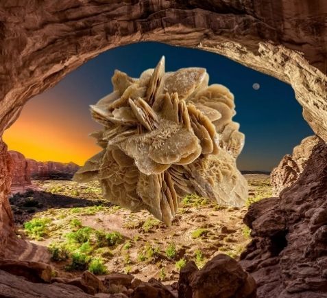 Een rotsboog omlijst een woestijnlandschap met een gigantische, lichtbruine, kristalachtige formatie bij zonsondergang.