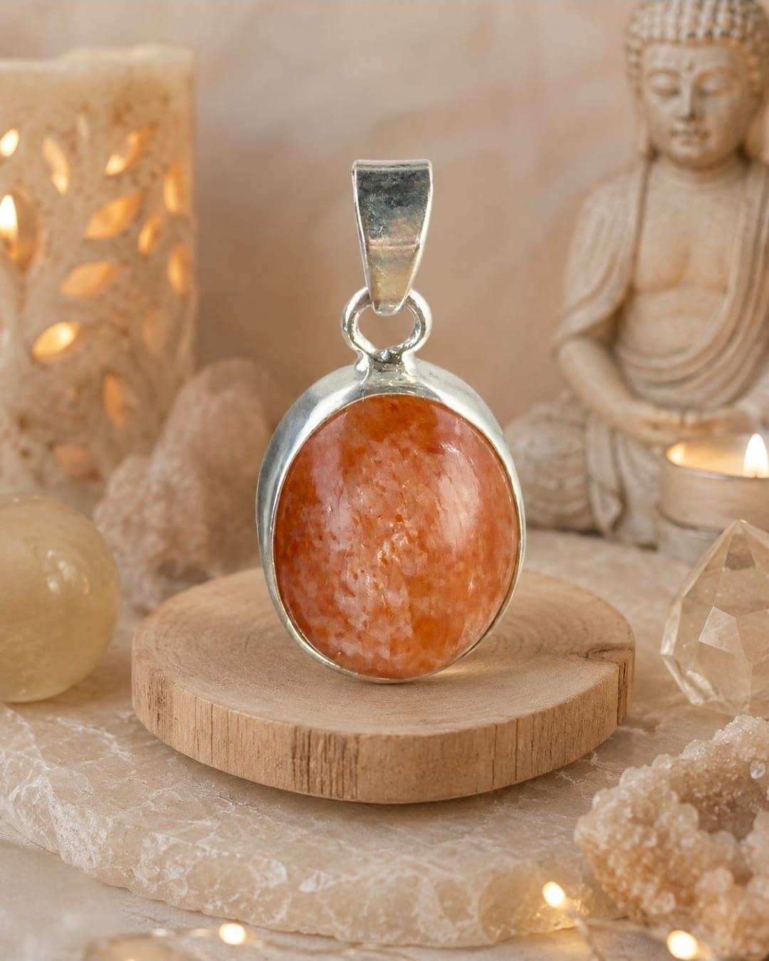 Oranje edelsteen hanger aan een zilveren ketting, tentoongesteld op een houten standaard met kaarsen en een Boeddha-beeldje