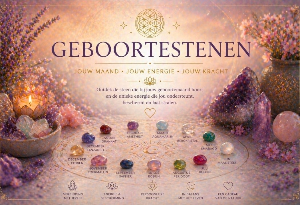 Geel-roze geboortestenen poster met edelstenen per maand en sierlijke tekst bovenaan