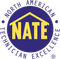 NATE logo: yellow letters on a purple circle with “North American Technician Excellence” around it