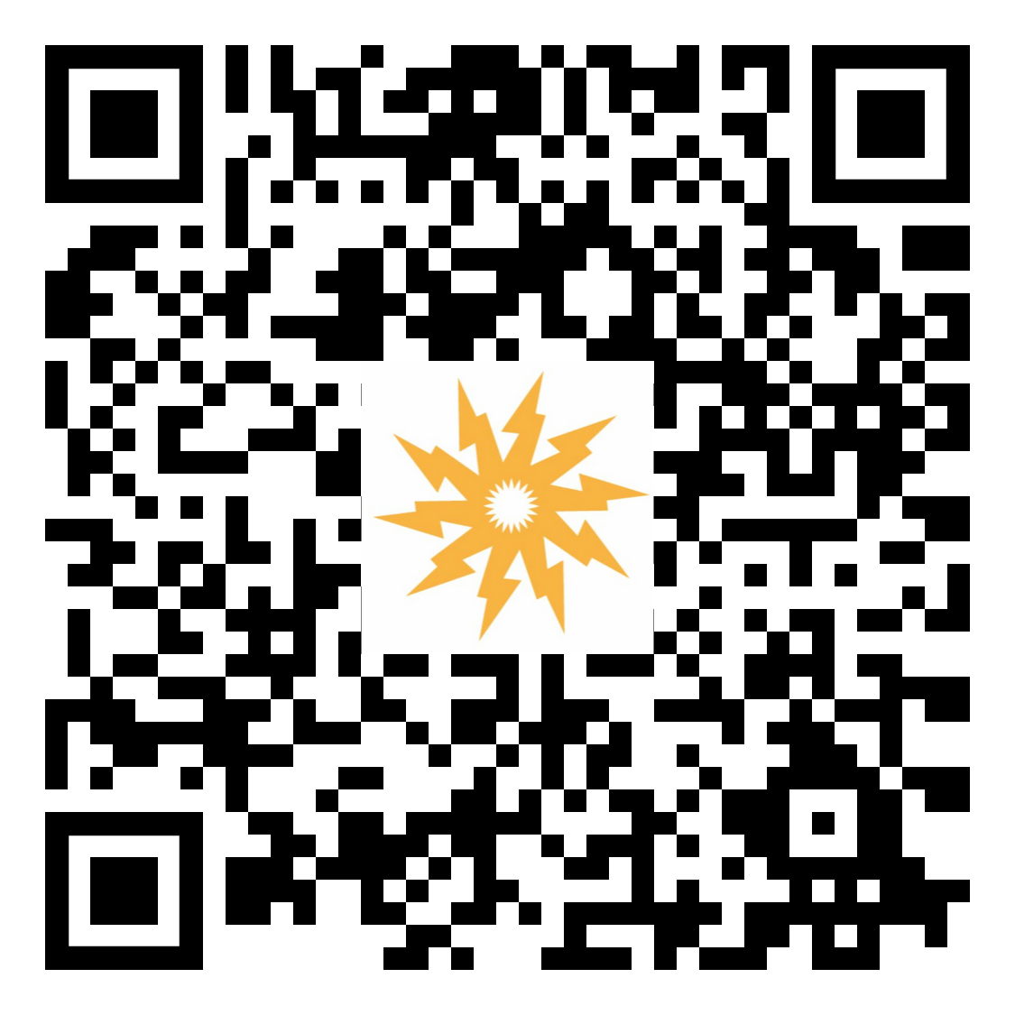 Black-and-white QR code with an orange starburst logo in the center