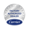 Carrier trusted experts factory authorized dealer badge in gray, blue, and white