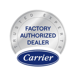 Carrier trusted experts factory authorized dealer badge in gray, blue, and white
