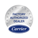 Carrier trusted experts factory authorized dealer badge in gray, blue, and white