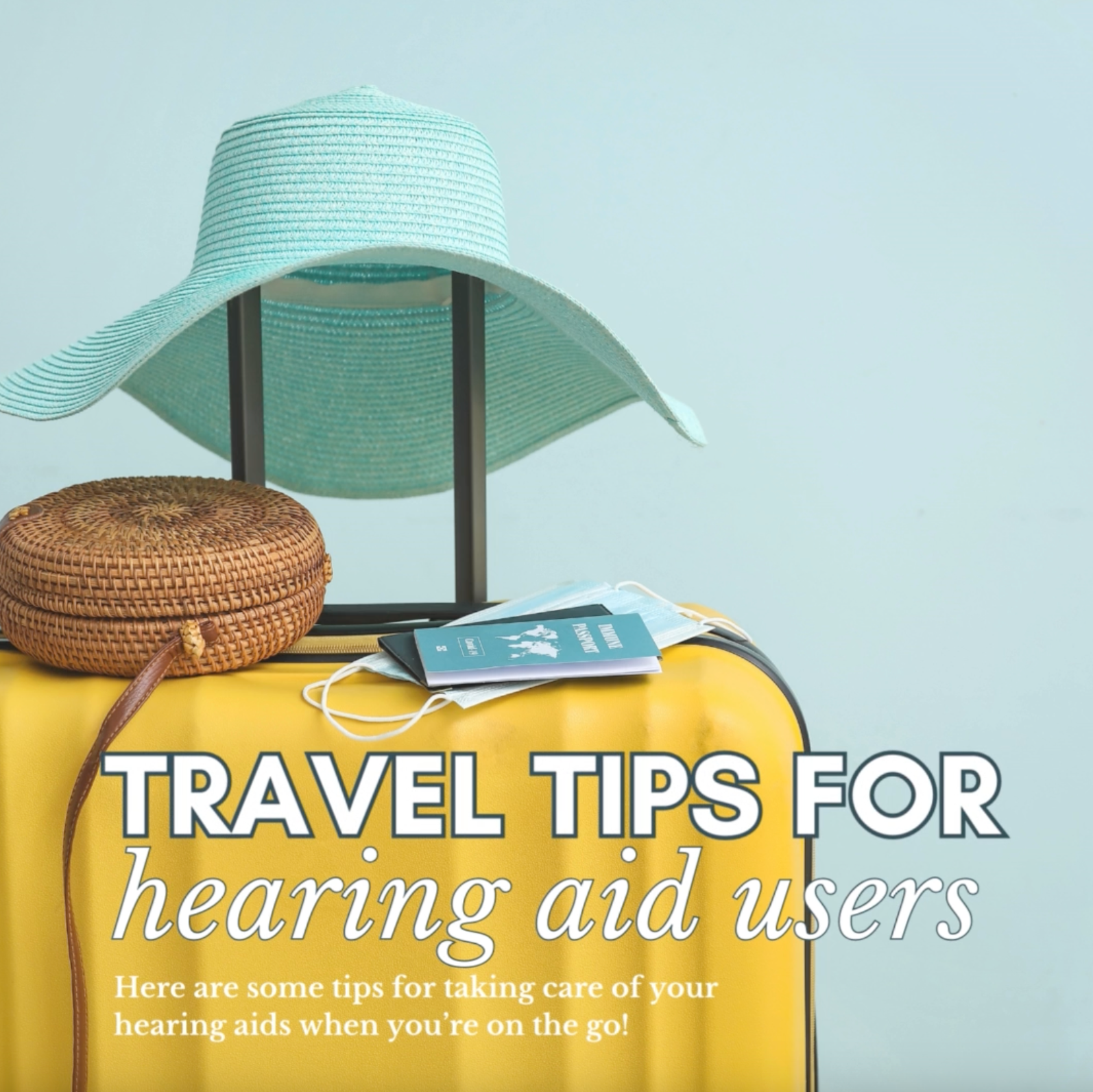 A yellow suitcase with a hat and a passport on it.