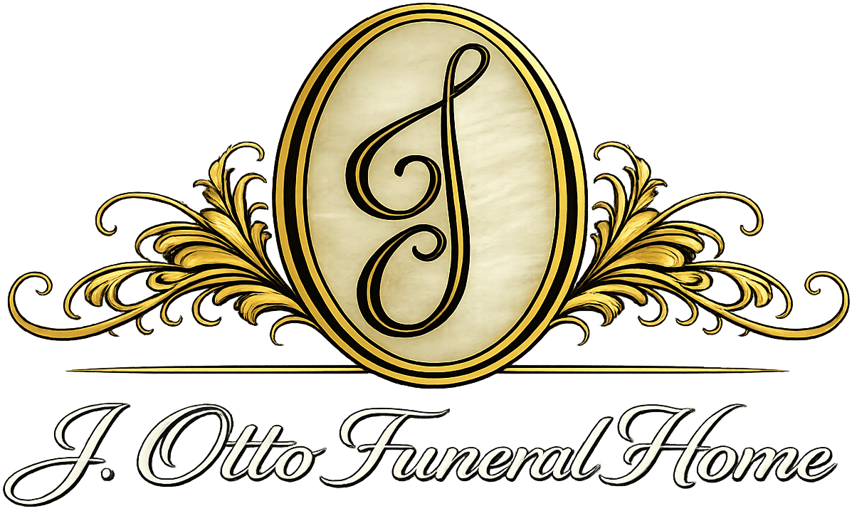 Logo of J. Otto Funeral Home: ornate emblem with the letter "J" in a gold oval, floral accents, and the name below.