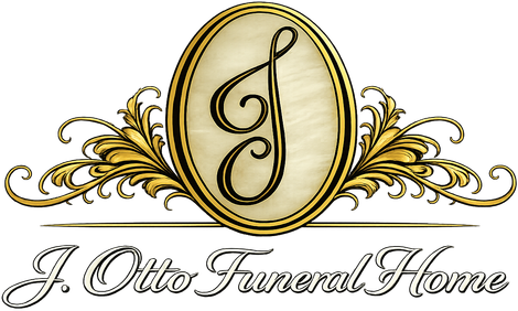 Logo of J. Otto Funeral Home: ornate emblem with the letter "J" in a gold oval, floral accents, and the name below.