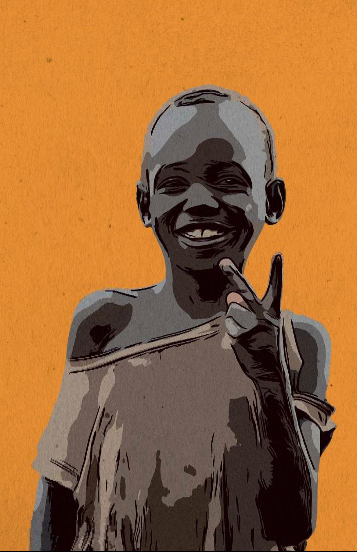 An African boy holding up two fingers.