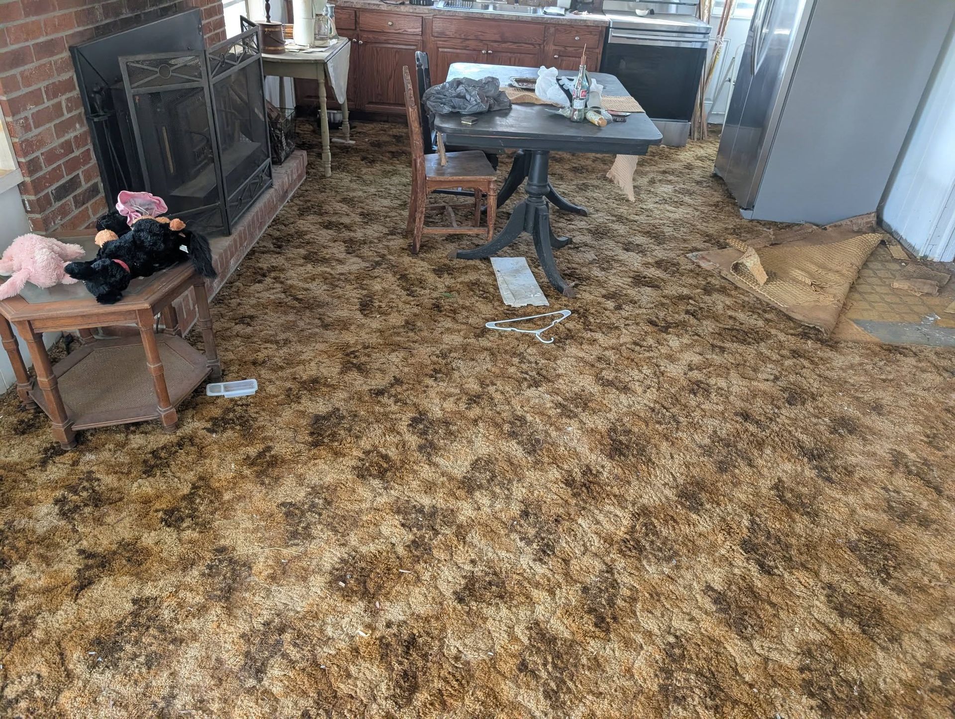 Flood-damaged room with muddy carpet, scattered debris, and a table near the back wall
