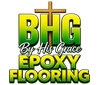 BHG By His Grace epoxy flooring logo in green and yellow with a gold cross