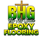 BHG By His Grace epoxy flooring logo in green and yellow with a gold cross