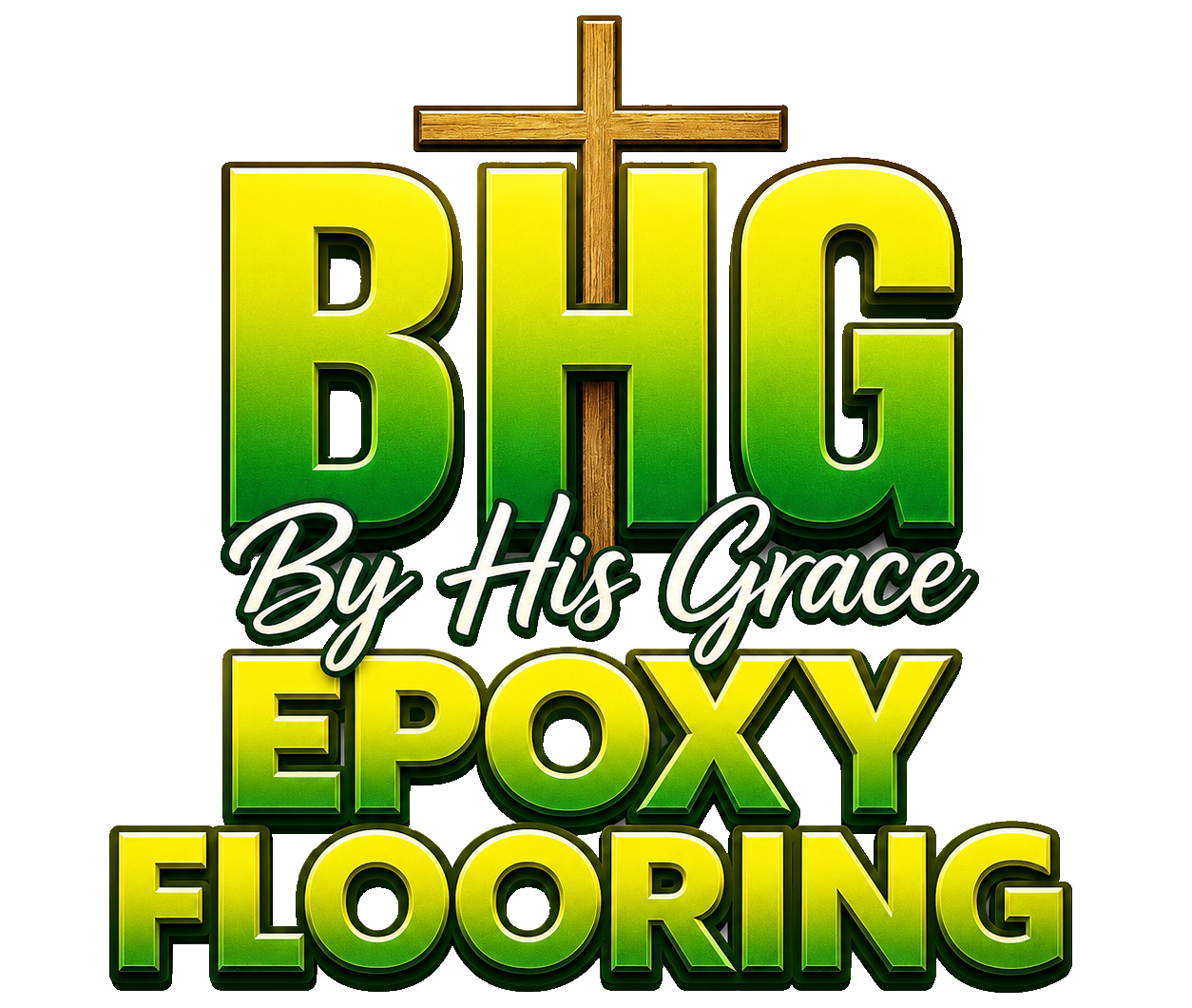 BHG By His Grace epoxy flooring logo in green and yellow with a gold cross