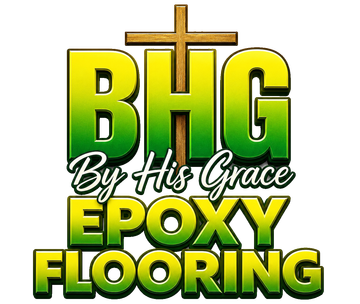 BHG By His Grace epoxy flooring logo in green and yellow with a gold cross