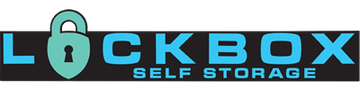 Lockbox Self Storage logo with a teal padlock icon and teal text on a black background.