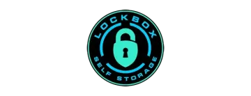 Lockbox Self Storage logo with a teal padlock inside a blue and black circular design.