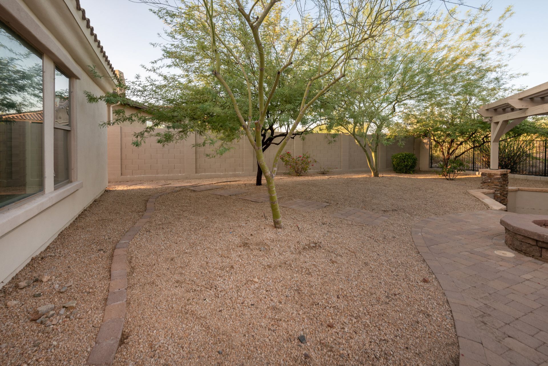 There is a tree in the middle of the backyard.