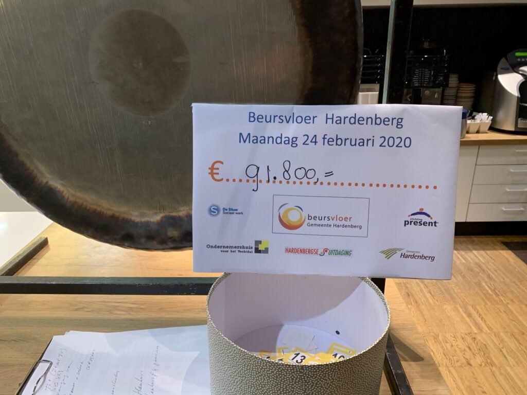 Sign at Beursvloer Hardenberg event, Monday, February 24, 2020, with donation amount.