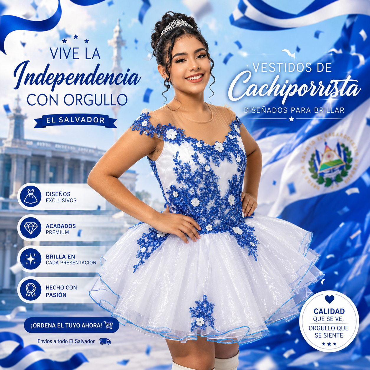 vestido de cachiporrista blanco con aplicaciones azules