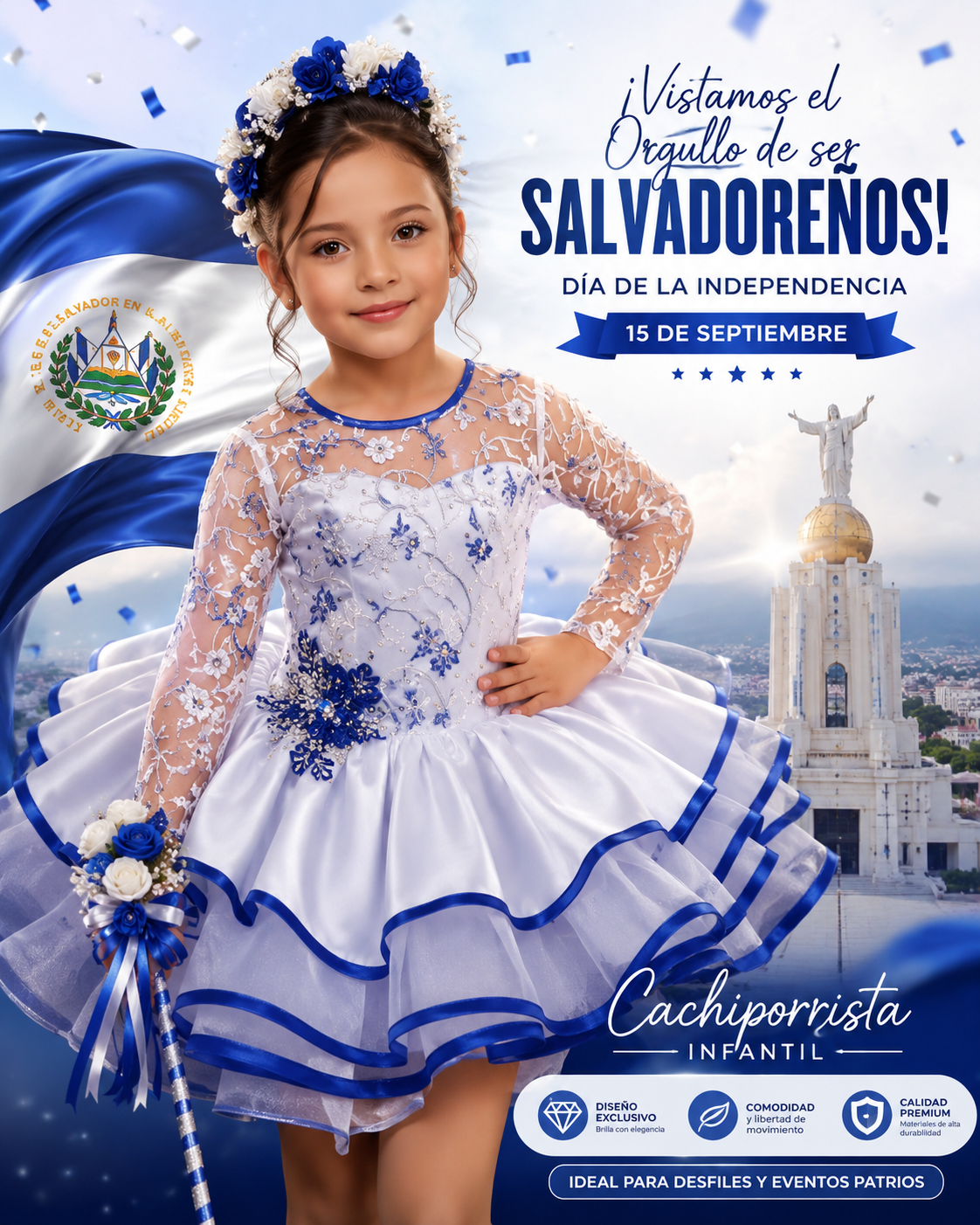 vestido de cachiporrista para niña color blanco con detalles azules