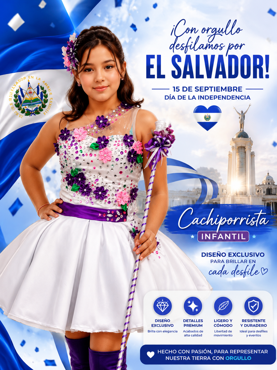 vestido de cachiporrista blanco con batuta decorada