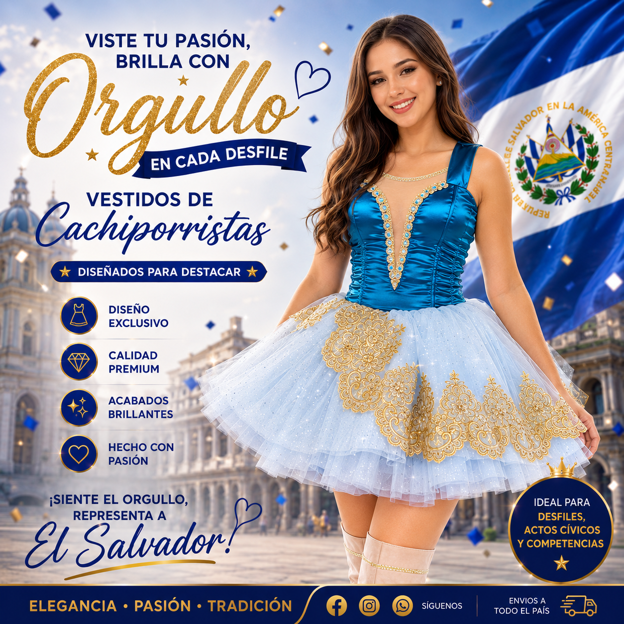 vestido de cachiporrista color azul con falda blanca