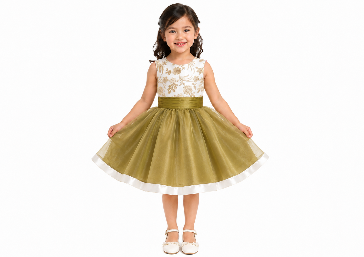 Vestido de graduación de niña color dorado