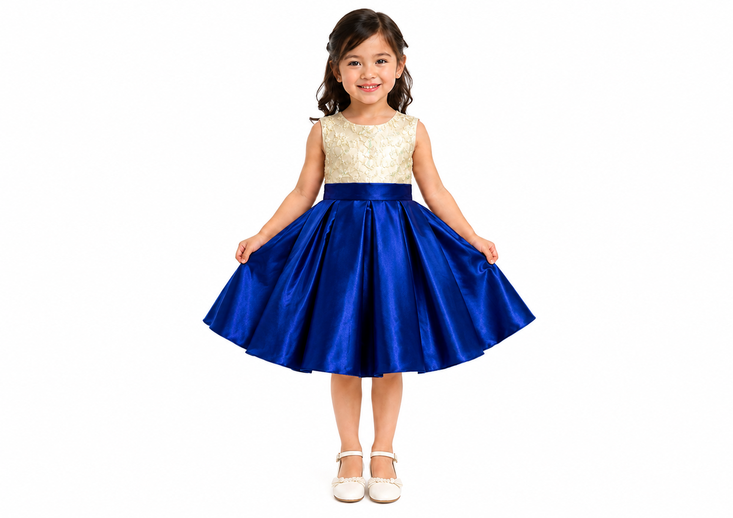 Vestido de graduación de niña color blanco con azul