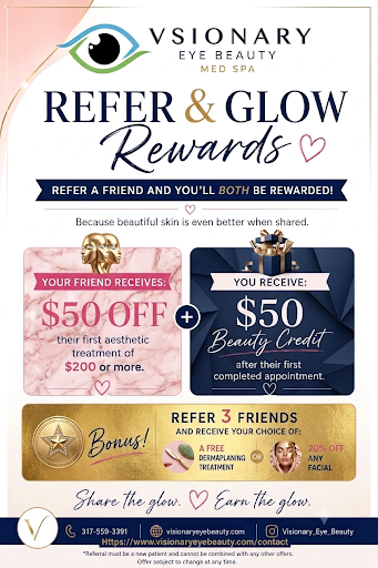 Visionary Eye Beauty August Refer & Glow Rewards Program Newsletter Flyer