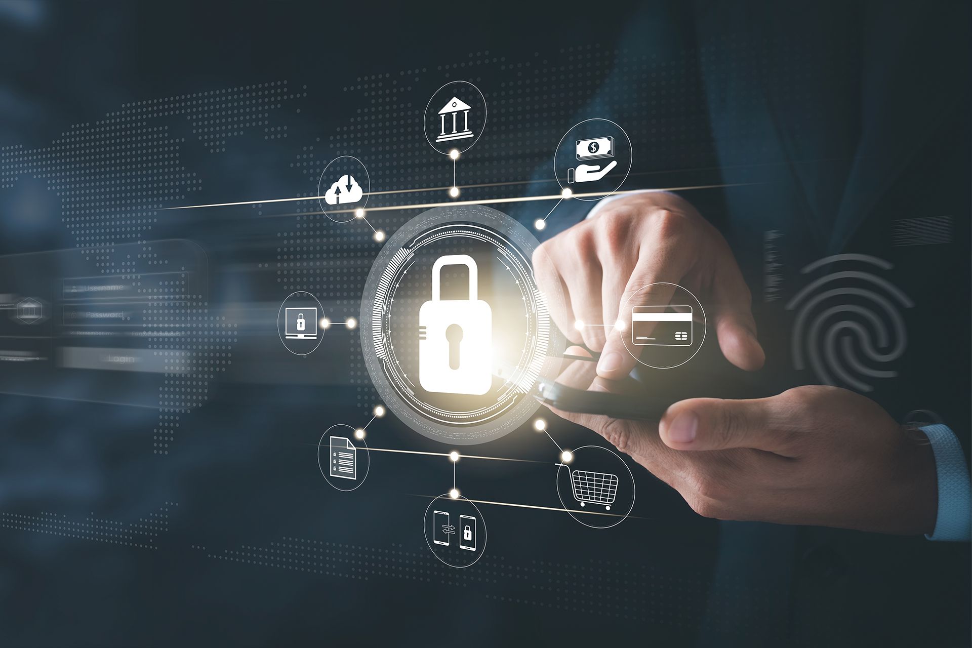 Image illustrating advanced cybersecurity measures, including threat detection and encryption, being implemented in a multinational corporation.