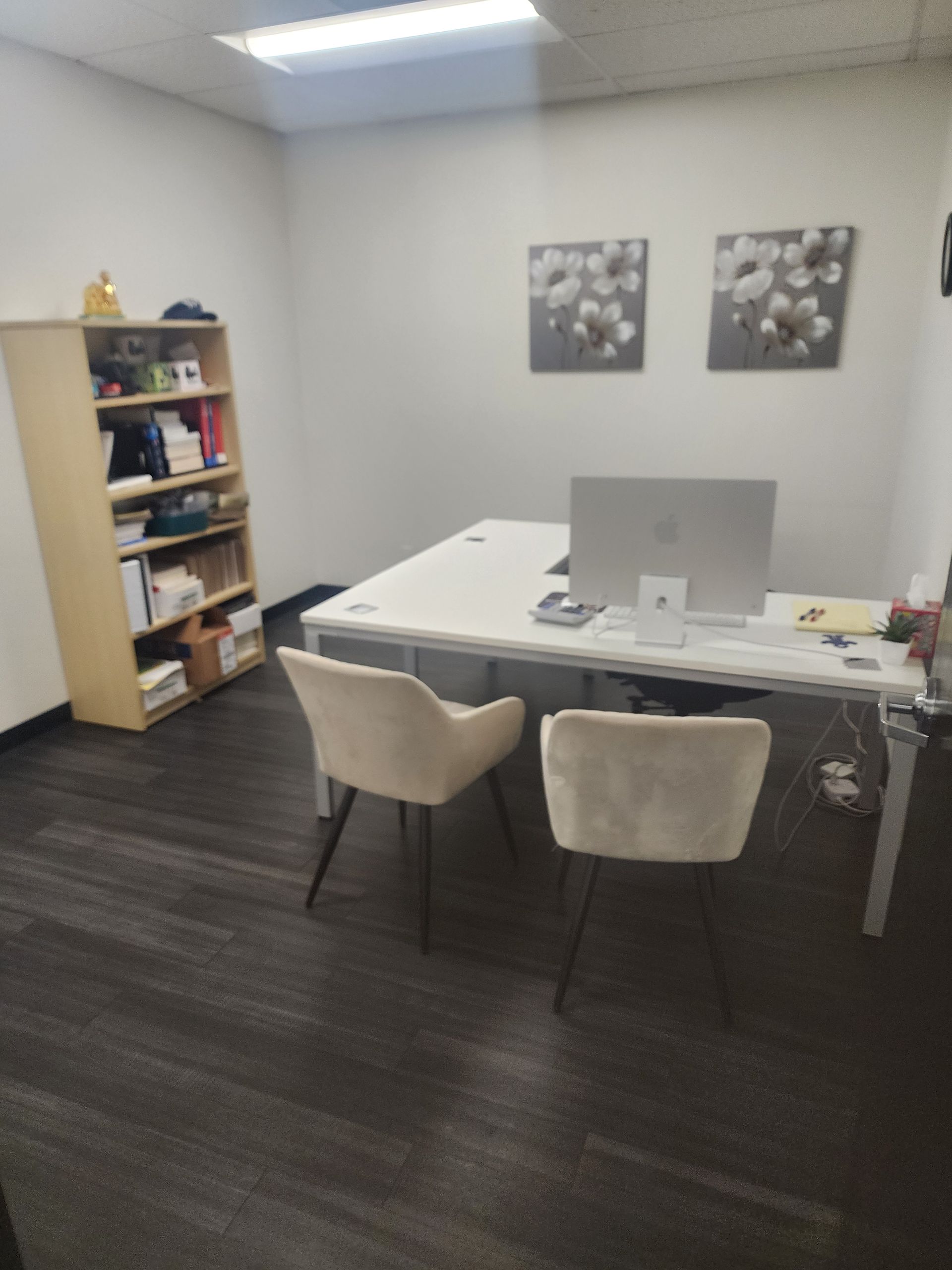 Small office with a desk, computer, two chairs, bookshelf, and wall art under bright ceiling lights.