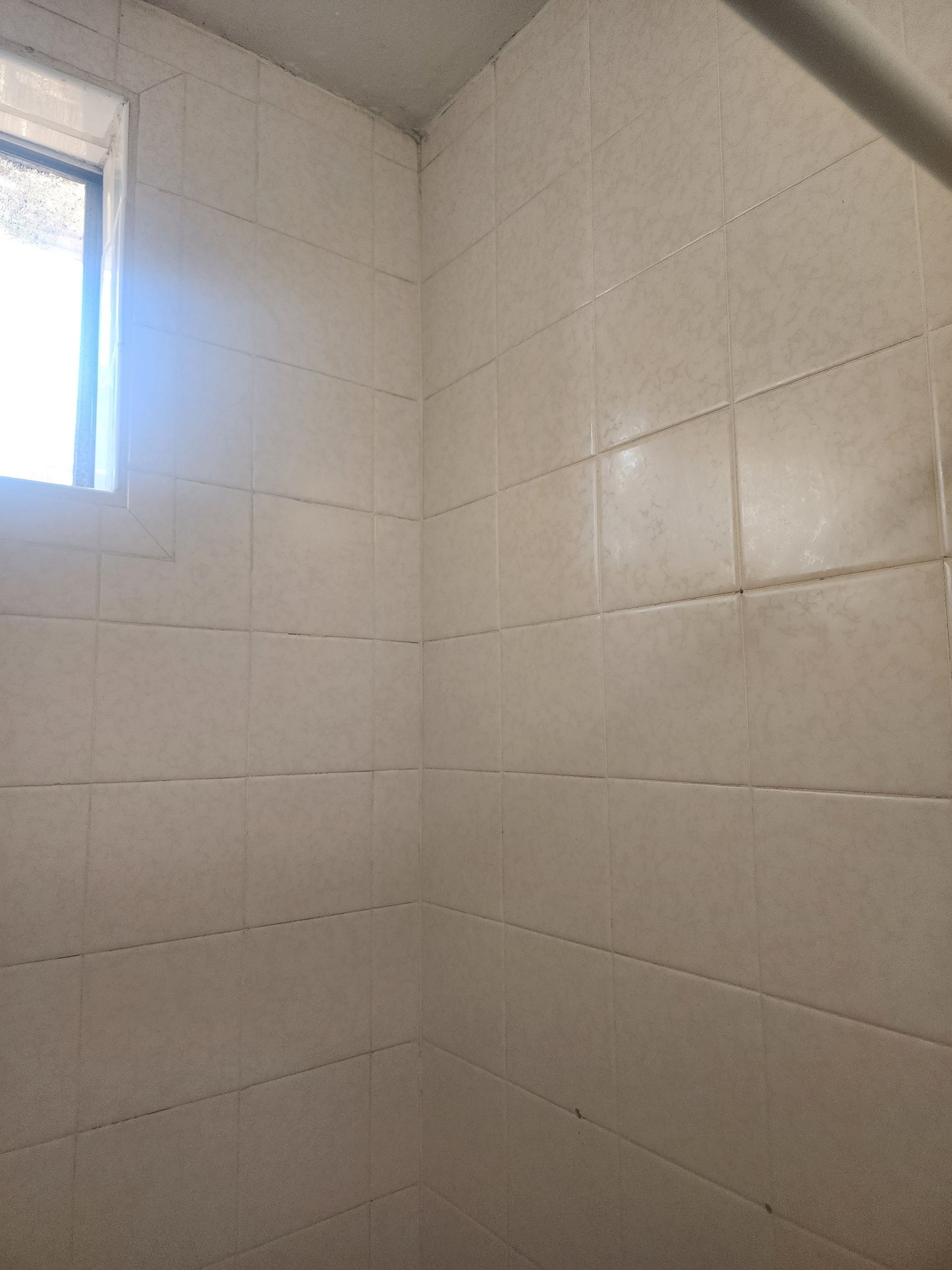 Small tiled bathroom or shower stall with a bright window on the left.