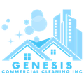 Logo for Genesis Commercial Cleaning Inc featuring light blue house and building silhouettes with bubbles on a white background.