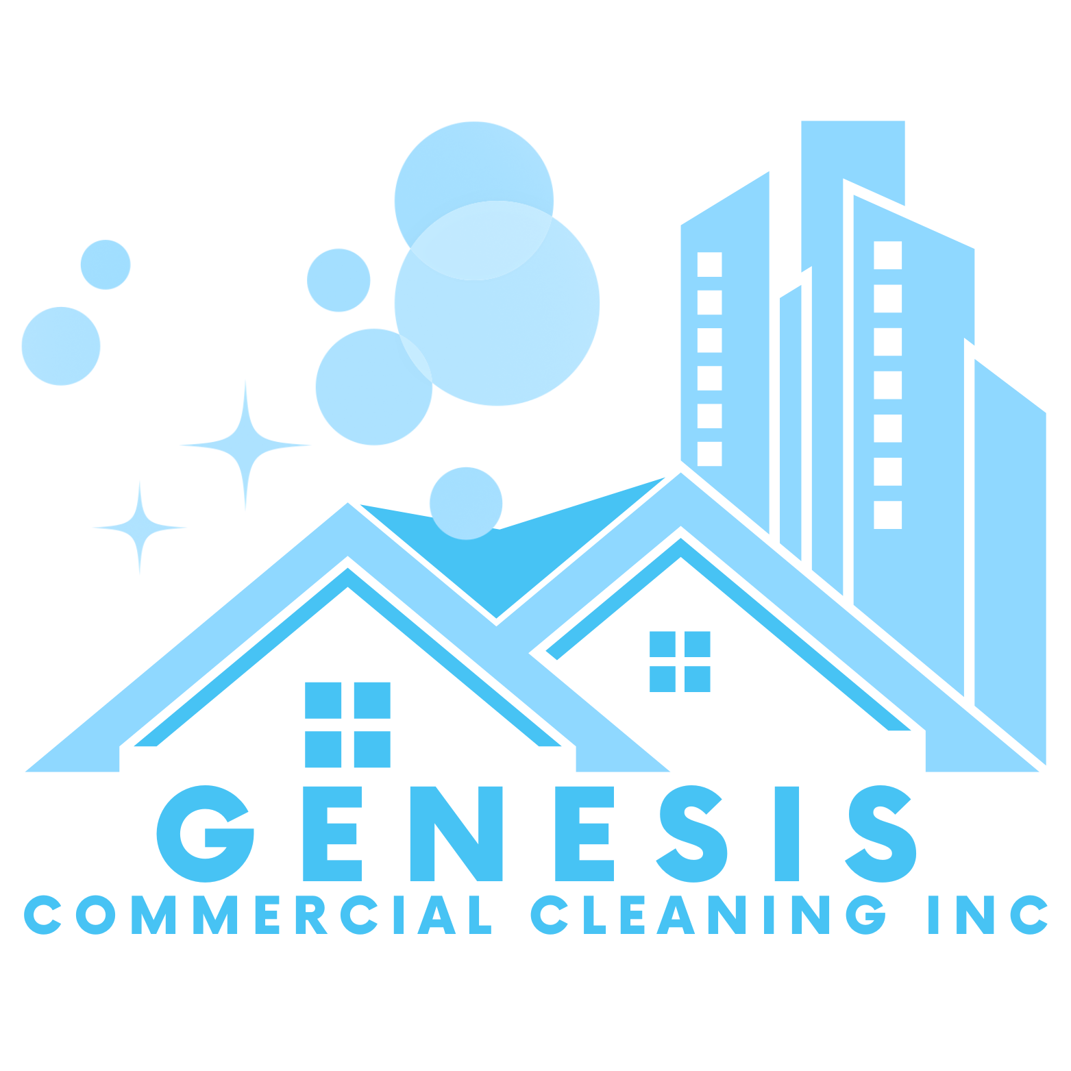 Logo for Genesis Commercial Cleaning Inc featuring light blue house and building silhouettes with bubbles on a white background.