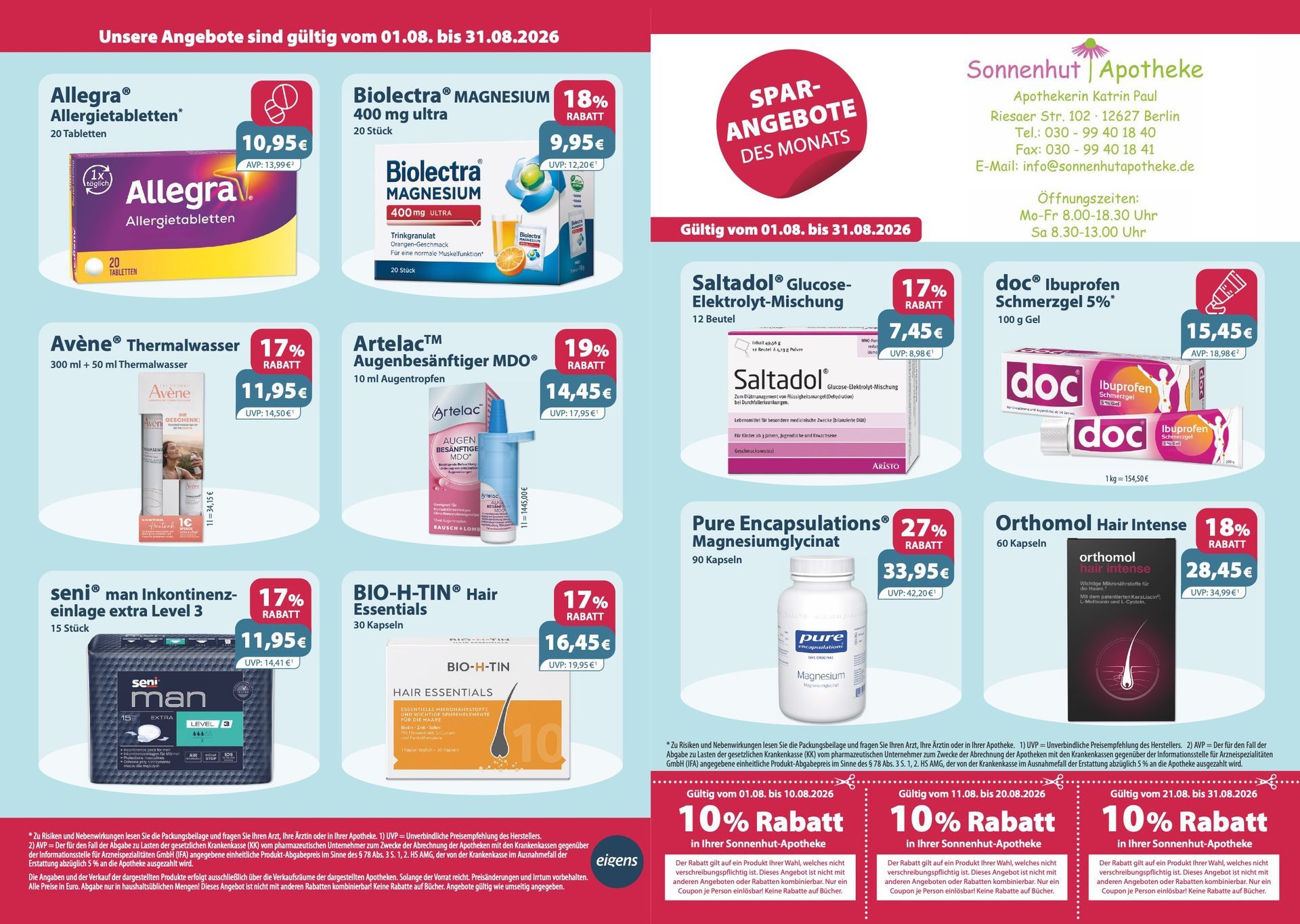 Werbeplakat mit 10 % Rabatt auf verschiedene Medikamente und Gesundheitsprodukte in farbenfrohen Produktverpackungen